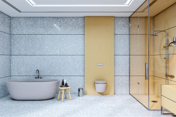 Poster - Modern luxury bathroom interior with terrazzo walls, freestanding bathtub, glass shower, and minimalist wooden accents in elegant clean space. 3D Rendering