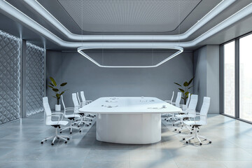 Poster - Modern luxury boardroom interior with futuristic ceiling lights, white furniture, and panoramic city view in a bright, empty corporate space. 3D Rendering