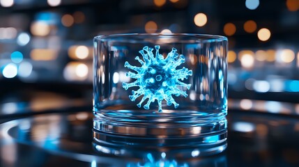 Poster - Glowing blue virus cell trapped in glass container with blurred bokeh background, scientific research concept visualization for medical and healthcare studies.