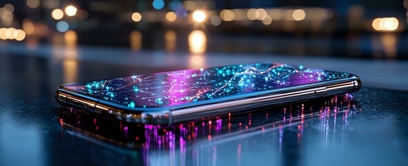 Poster - modern smartphone with glowing neon lights and water droplets on dark reflective surface creates fut
