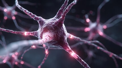 Poster - Dopamine regulation and pathway disruption concept. Close-up view of glowing neurons in a dark neural network.