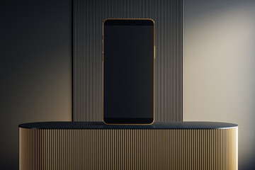 Poster - Modern smartphone standing on luxury podium with vertical golden lines against dark background for product mockup or branding presentation. 3D Rendering