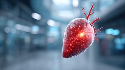 Poster - Gallbladder issue from blockage and infection concept. A glowing human heart model representing healthcare technology.
