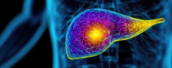 Poster - Gallbladder issue from blockage and infection concept. 3D illustration of a human liver with vibrant colors.