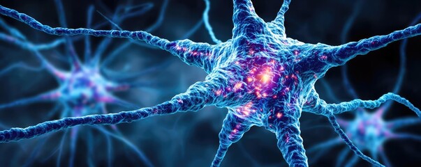 Poster - Neurotransmitter imbalance affects dopamine pathway concept. Close-up of vibrant neurons showcasing complex connections.