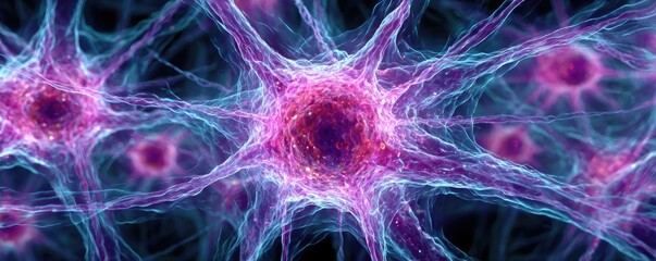 Poster - Dopamine regulation and pathway disruption concept. A vibrant visualization of interconnected neurons in vivid colors.