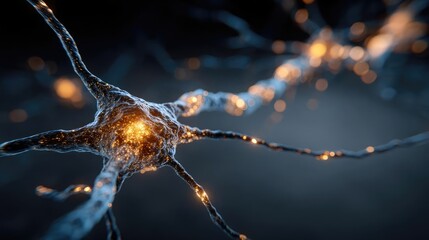 Poster - Neurotransmitter imbalance affects dopamine pathway concept. Close-up view of a neuron with glowing connections and synapses.