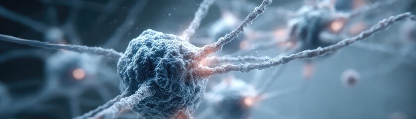 Poster - Dopamine regulation and pathway disruption concept. Close-up of neurons highlighting intricate neural connections.