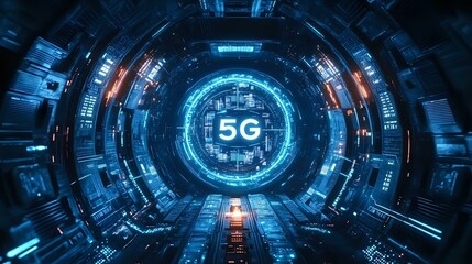 Poster - Futuristic blue tunnel with glowing 5G symbol in center surrounded by digital elements and circuit patterns, representing next-generation wireless technology and connectivity.
