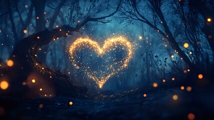 Poster - Glowing heart shape formed by magical sparkles and fireflies in dark mystical forest at night, surrounded by silhouettes of trees and floating light particles.