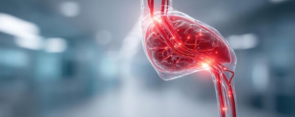 Poster - Gallbladder blockage causes cramp and scan concept. Anatomy of the human heart with intricate blood vessels.