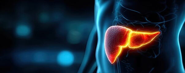Poster - Gallbladder blockage causes cramp and scan concept. Digital illustration of a human liver highlighting its functions.