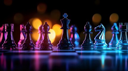 Poster - Glowing chess pieces in neon pink and blue colors on reflective surface with bokeh lights background create dramatic gaming atmosphere and strategic concept.