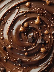 Poster - Swirling melted chocolate background with hazelnuts and chocolate chips creating spiral pattern, rich brown texture with glossy surface for dessert packaging.