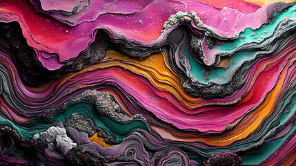 Poster - Vibrant wavy layers in pink, orange, teal and black create abstract geological formation pattern with rich texture and dynamic flowing movement. Modern art background.