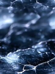 Poster - Cracked ice surface with glowing fissures in dark blue tones creates dramatic winter texture, abstract pattern of frozen lake with illuminated crevices and bokeh effect.