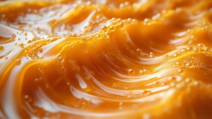 Poster - Swirling golden caramel sauce with smooth waves and bubbles in macro photography, showing rich texture and glossy surface for dessert and confectionery designs.