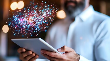 Poster - Digital transformation concept with glowing particles emerging from tablet device held by professional in white shirt against blurred background.