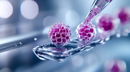 Poster - Microscopic view of pink spherical virus cells on glass slide with pipette in laboratory setting against blurred blue background with bokeh effect.