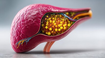 Poster - Gallbladder issue from blockage and infection concept. Detailed illustration of a human liver with internal structures.