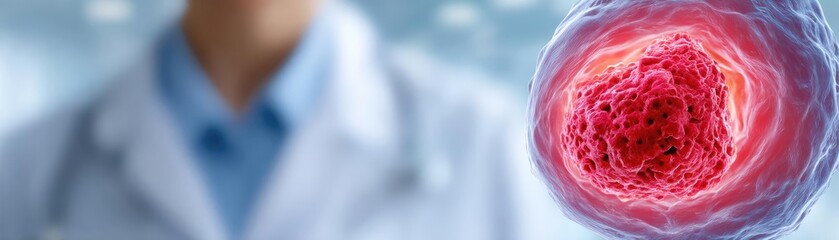 Poster - Gallbladder issue from blockage and infection concept. Close-up of a medical professional examining a cancer cell.