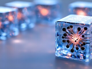Poster - Glowing virus particle trapped in ice cube with blue illumination, microscopic view showing detailed molecular structure in frozen crystal formation.