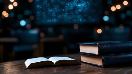 Poster - Open book with stacked hardcover volumes on wooden table against dark blue bokeh background, creating atmospheric evening study ambiance.
