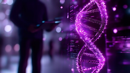 Poster - Glowing purple DNA helix structure with digital code elements on dark background, representing genetic research and biotechnology advancement in modern science.