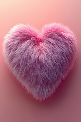 Poster - Pink fluffy heart shape made of soft fur texture on pink gradient background, romantic valentine concept for greeting cards and social media posts.