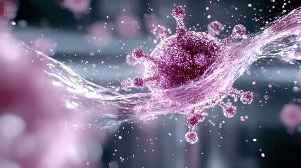 Poster - Pink liquid splash with floating droplets and particles creating dynamic motion effect against dark background with bokeh lights and soft focus elements.