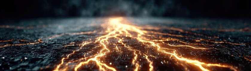 Poster - Hybrid processor in plasma development concept. Dramatic lava flow illuminating the dark volcanic landscape.