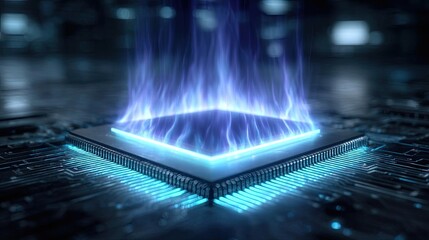 Poster - Hybrid processor in plasma development concept. Futuristic microprocessor with glowing energy effects.