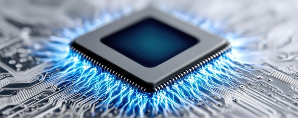 Poster - Hybrid processor in plasma development concept. Close-up of a computer processor with glowing electric energy.