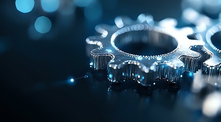 Poster - Metallic gears with blue lighting effect on dark background, shallow depth of field creates dramatic industrial machinery close-up for business and technology concepts.