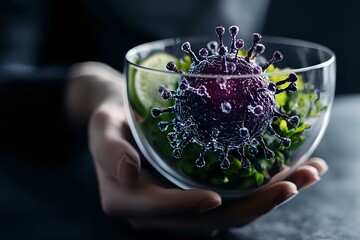 Poster - Microscopic view of coronavirus cell in glass bowl held by hand against dark background, detailed scientific visualization with protein spikes and molecular structure.