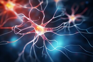 Poster - Active neuron cell network with electrical impulses, glowing synaptic connections on dark background showing neural activity and brain function in medical science.