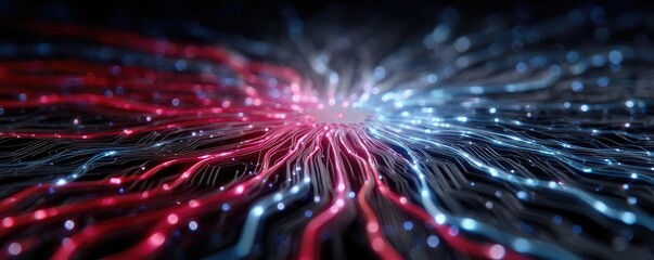 Poster - Hybrid processor in plasma development concept. Abstract image of colorful flowing data streams in motion.