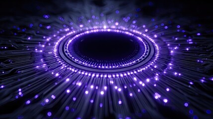 Poster - Hybrid processor in plasma development concept. Abstract digital background with glowing purple lights and patterns.
