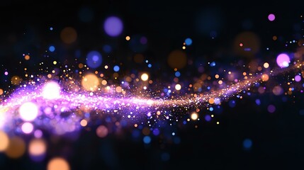 Poster - Magical glowing particles with purple and orange bokeh lights floating on black background create dreamy cosmic effect. Suitable for festive designs and celebrations.