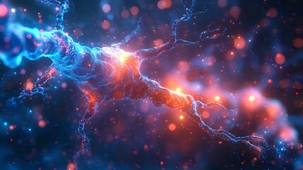 Poster - Vibrant cosmic energy burst with glowing blue and red nebula clouds, electric lightning streaks and luminous particles in deep space. Abstract galaxy background.