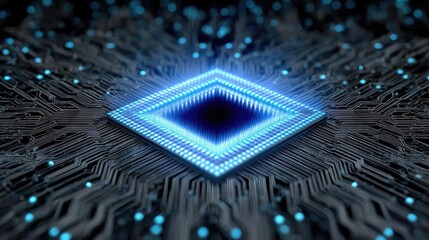 Poster - Hybrid processor in plasma development concept. Futuristic microchip design glowing in digital circuitry.
