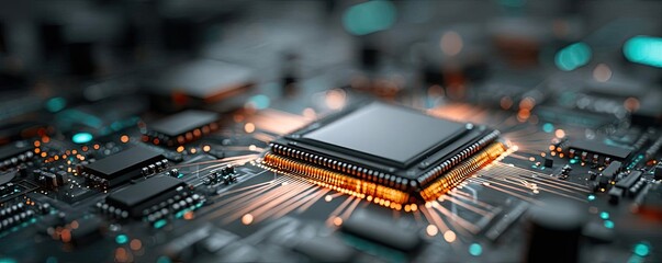 Poster - Hybrid processor in plasma development concept. Close-up of a computer chip showcasing intricate circuit details.
