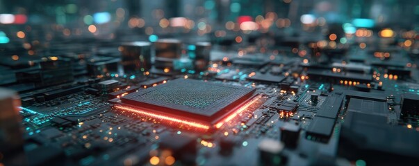Poster - Hybrid processor in plasma development concept. Close-up view of a modern microchip on a circuit board.
