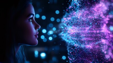 Poster - Young Asian woman profile in neon lights surrounded by glowing blue and pink particle effects creating magical cosmic atmosphere against dark background.