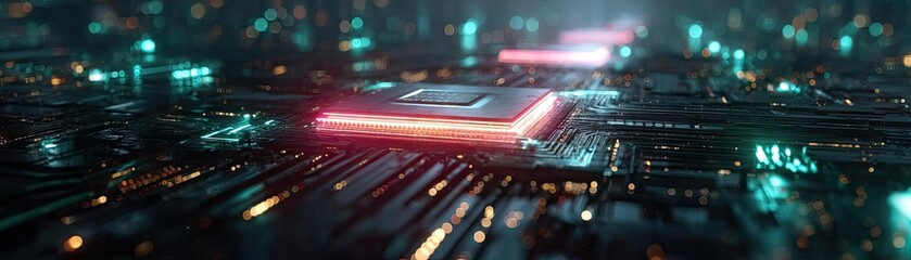 Poster - Hybrid processor in plasma development concept. Futuristic circuit board close-up with glowing elements.