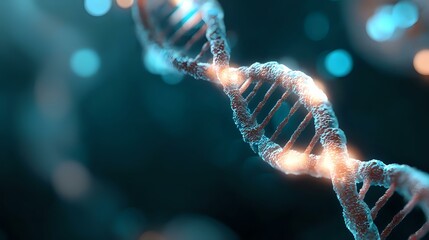 Poster - Glowing DNA strand helix structure on dark turquoise background with bokeh lights, genetic research concept for medical and scientific visualization.