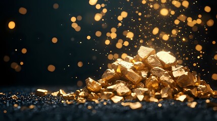 Poster - Golden metallic nuggets and fragments scattered on dark surface with magical bokeh lights and sparkles creating luxurious atmosphere for jewelry or wealth concepts.
