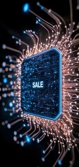 Poster - Glowing digital sale sign with circuit board pattern and radiating light connections on dark background, modern technology concept for e-commerce and online retail.