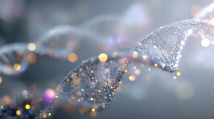 Poster - Glowing DNA strand with sparkles and bokeh lights on dark background, scientific concept showing genetic research and biotechnology advancement.