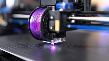 Poster - Close-up of a 3D printer extruder in action, creating a vibrant purple filament layer on a smooth surface
